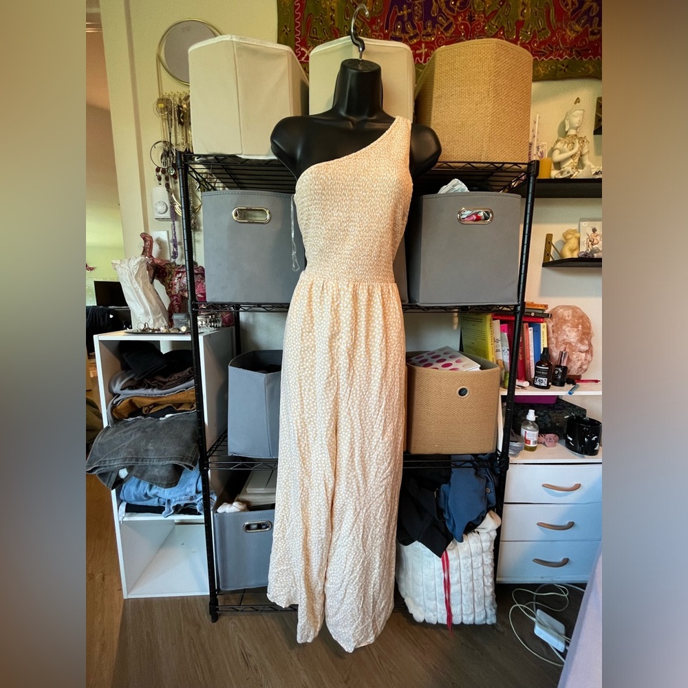 American Eagle Outfitters One-Shoulder Cream Polka Dot Maxi Dress